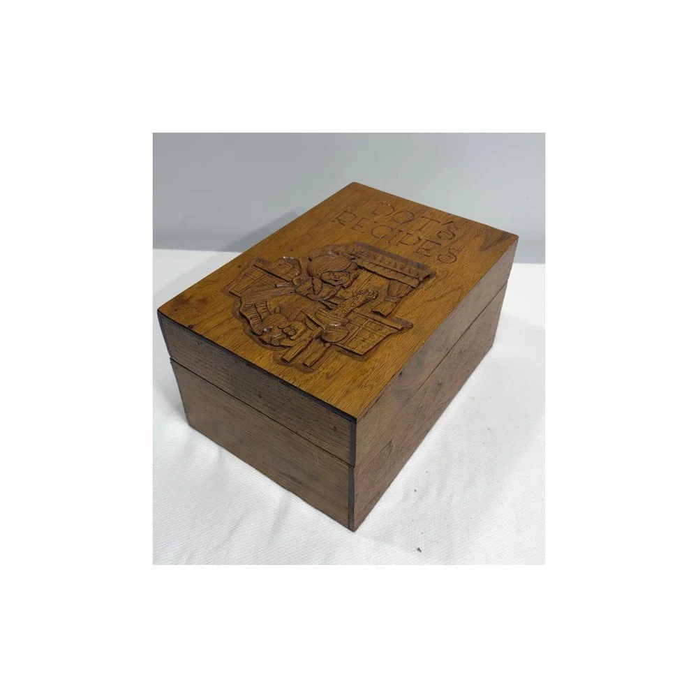Vintage Hand Carved Wooden Recipe Box Dots Recipes Rustic Kitchen Decor Brown